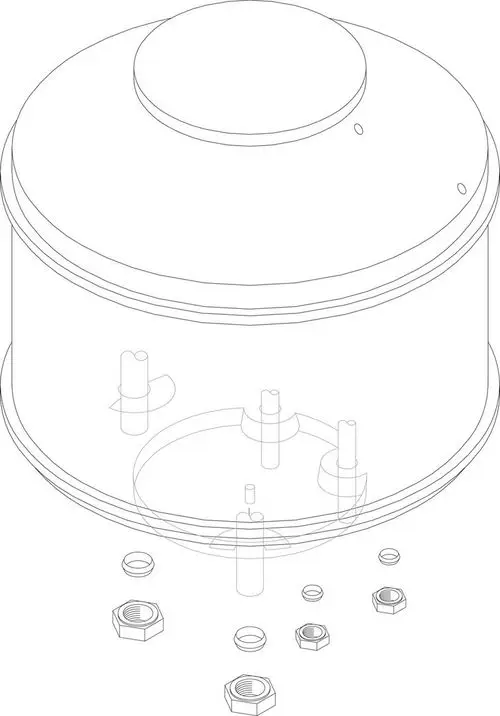 Schematische Darstellung eines Bosch-Speichers mit runder Form, mehreren Anschlüssen und einer Reihe von Schrauben in verschiedenen Größen, die zur Montage verwendet werden.